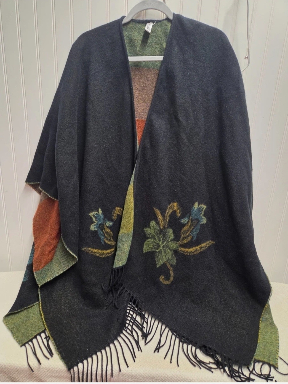 Embroidered Shawl Wrap Black Floral Fringe Green and Rust Accents #0215